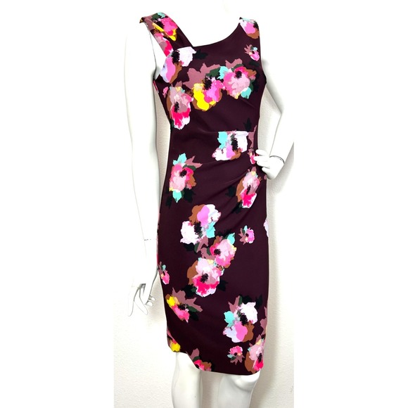 90s Laundry Dress Womens Size XS 2 Plum Jersey Floral Sleeveless Sheath Ruched - Picture 11 of 11